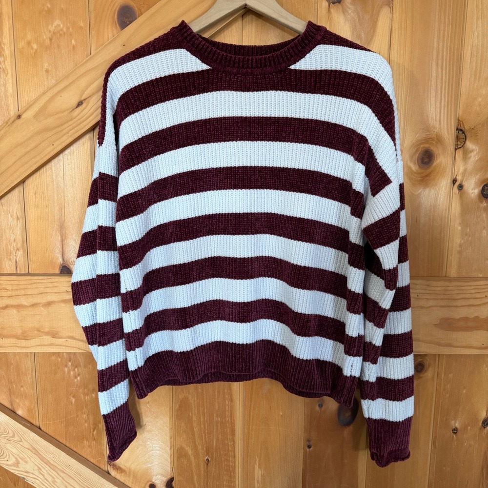Love Tree Striped Chenille Sweater Burgundy White Relaxed Retro Preppy Large